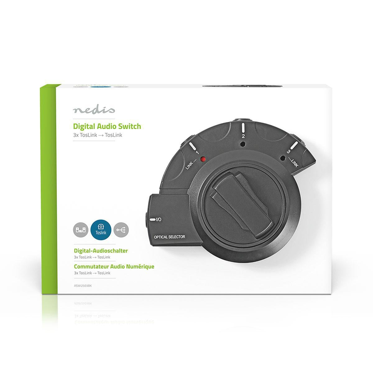 Digital Audio Switch | 3-way | Connection input: 3x TosLink | Connection output: 1x TosLink | Instruction book | ABS / PVC | Black