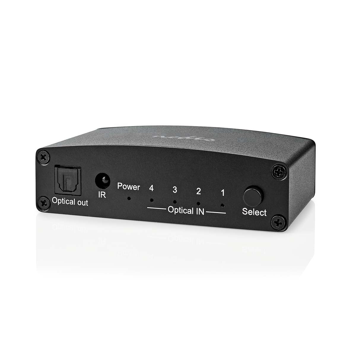 Digital Audio Switch | 4-way | Connection input: DC Current / 4x TosLink | Connection output: TosLink Female | Remote control / Instruction book / Button | Metal | Black