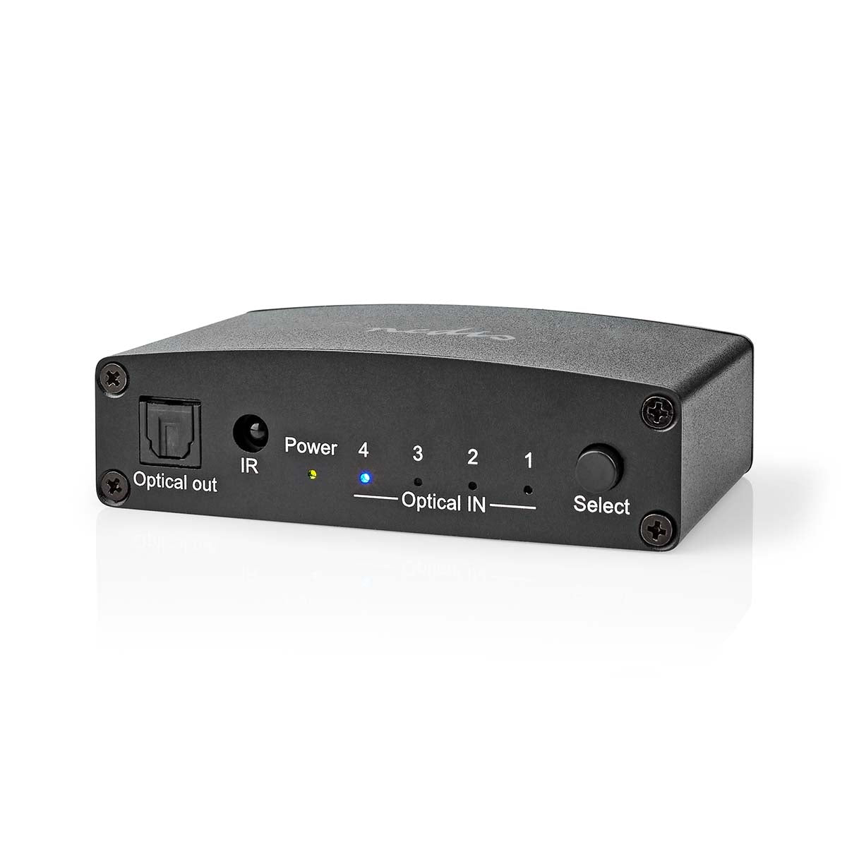 Digital Audio Switch | 4-way | Connection input: DC Current / 4x TosLink | Connection output: TosLink Female | Remote control / Instruction book / Button | Metal | Black