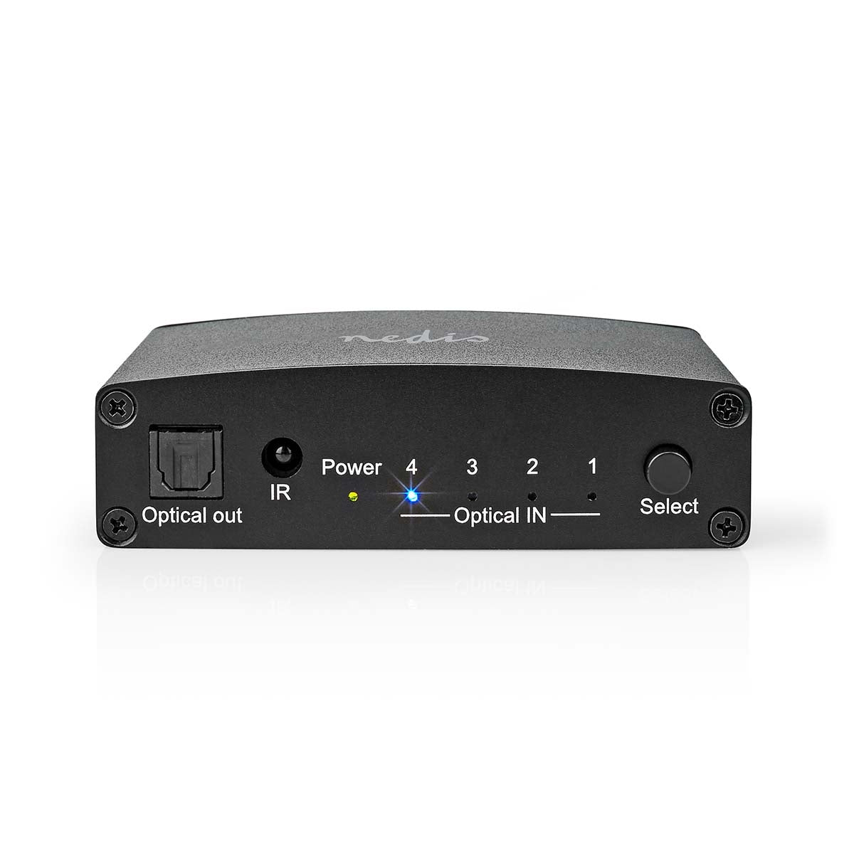 Digital Audio Switch | 4-way | Connection input: DC Current / 4x TosLink | Connection output: TosLink Female | Remote control / Instruction book / Button | Metal | Black