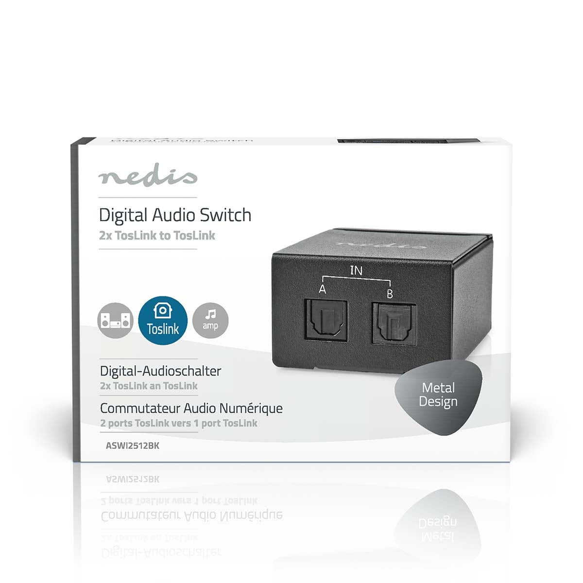 Digital Audio Switch | Two-way | Connection input: DC Current / 2x TosLink | Connection output: TosLink Female | Instruction book / Switch | Metal | Black