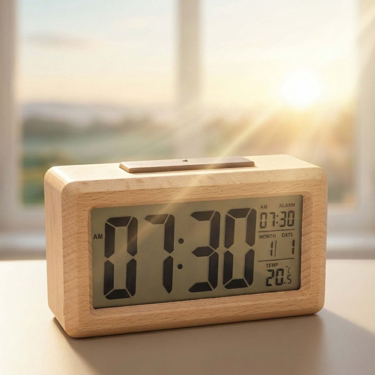 Digital Beech Wood Alarm Clock, Natural Finish