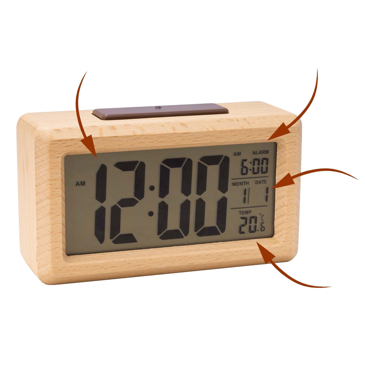 Digital Beech Wood Alarm Clock, Natural Finish