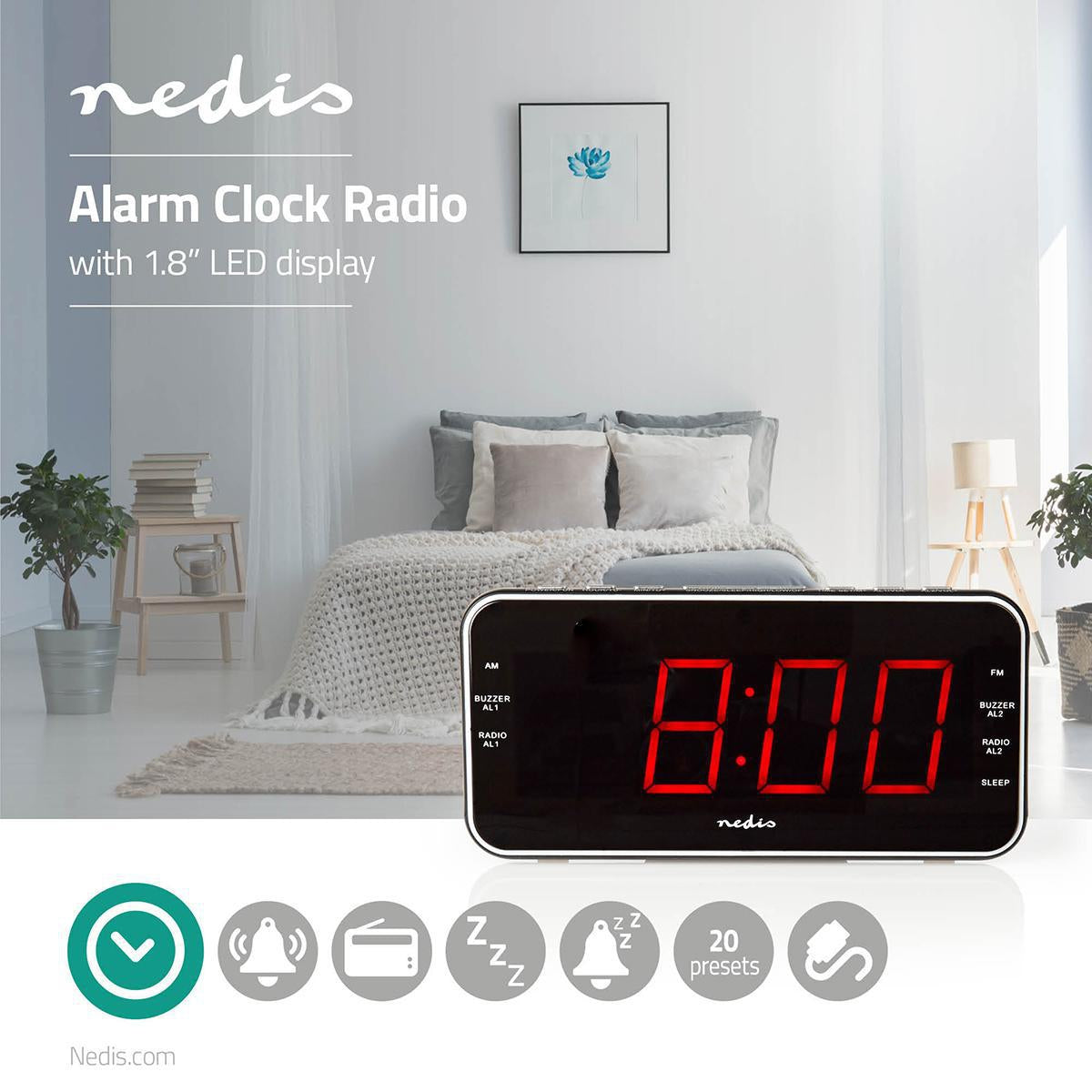 Digital Clock Radio | LED Display | 1x 3.5 mm Audio Input | Time projection | AM / FM | Snooze function | Sleep timer | Number of alarms: 2 | Black