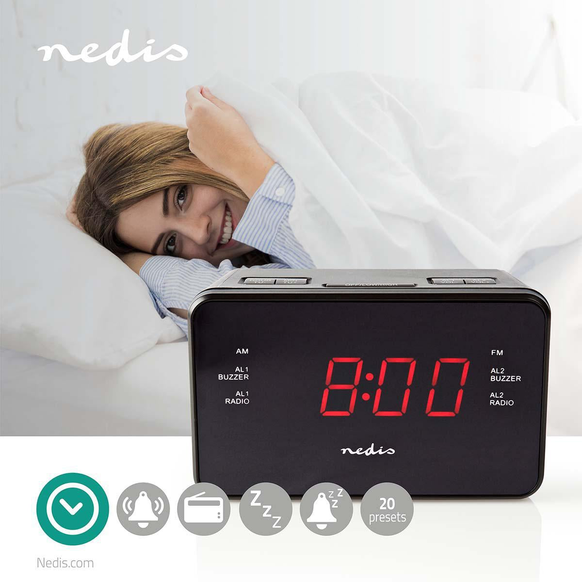 Digital Clock Radio | LED Display | 1x 3.5 mm Audio Input | Time projection | AM / FM | Snooze function | Sleep timer | Number of alarms: 2 | Black