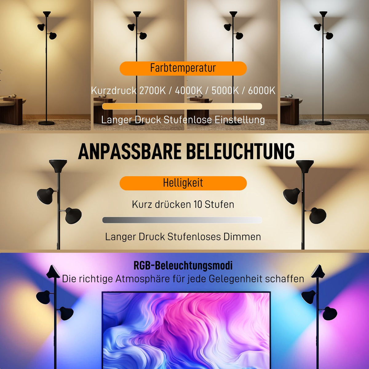 Dimmable Floor Lamp with Reading Light, RGB, Remote Control