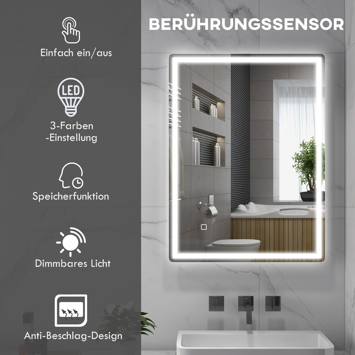 Dimmable Light Mirror Bathroom Mirror 80X60Cm Memory Function Fog-Free