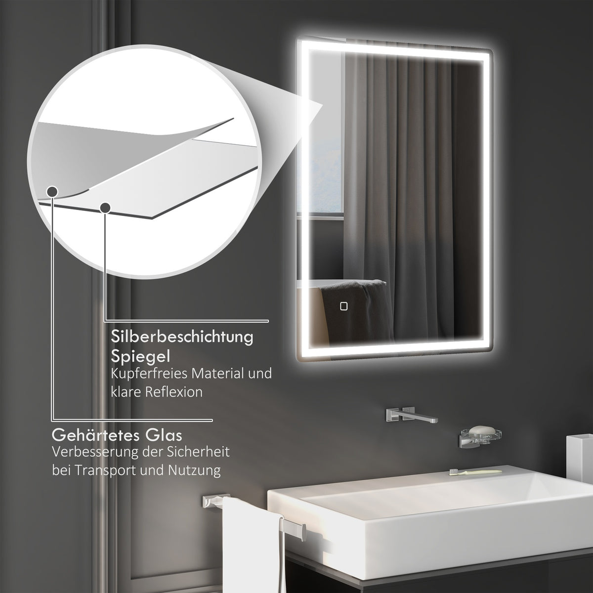 Dimmable Light Mirror Bathroom Mirror 80X60Cm Memory Function Fog-Free