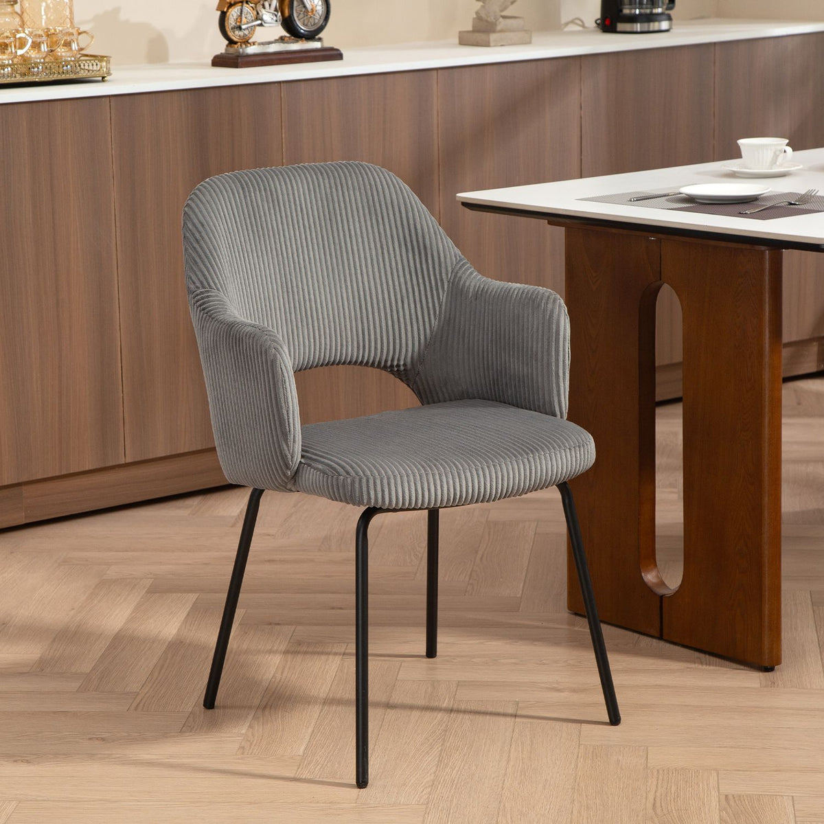 Dining Chair, Cord Upholstery, Shell Shape, Metal Legs, Gray