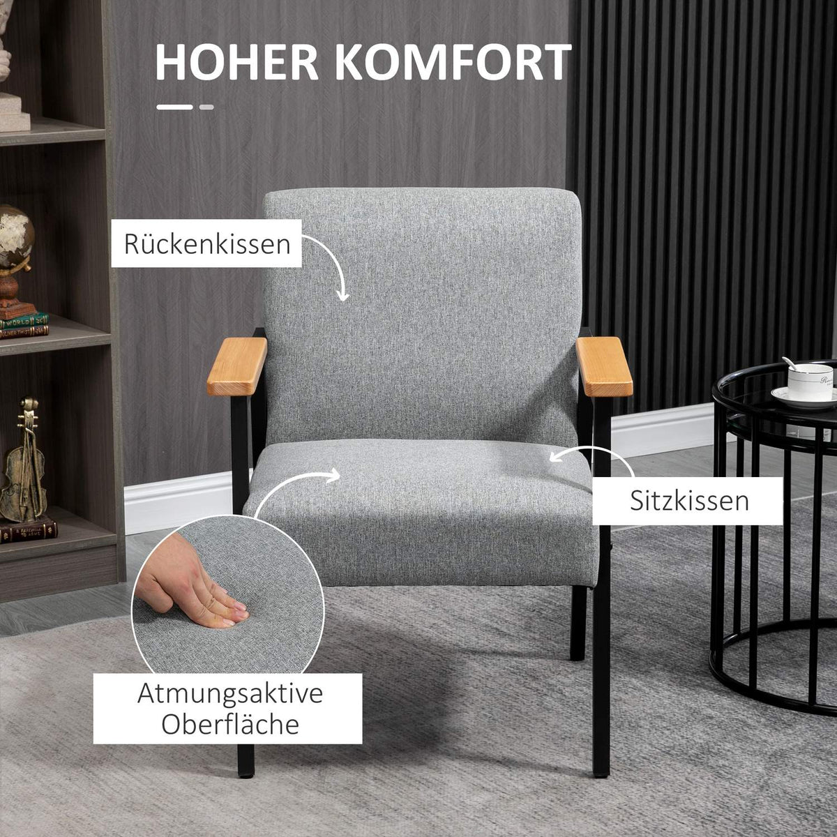 Dining Chair In Linen Look, Relaxation Chair, Wing Chair, Lounge Chair, Gray, 64.5X70X83.5Cm