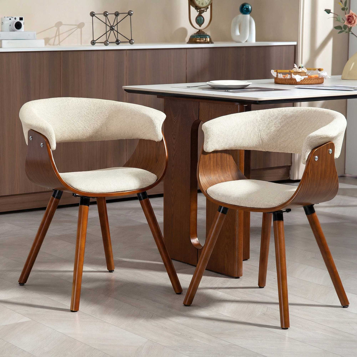 Dining Chair, Linen-Look Fabric, Curved Back, Wood Legs, Beige