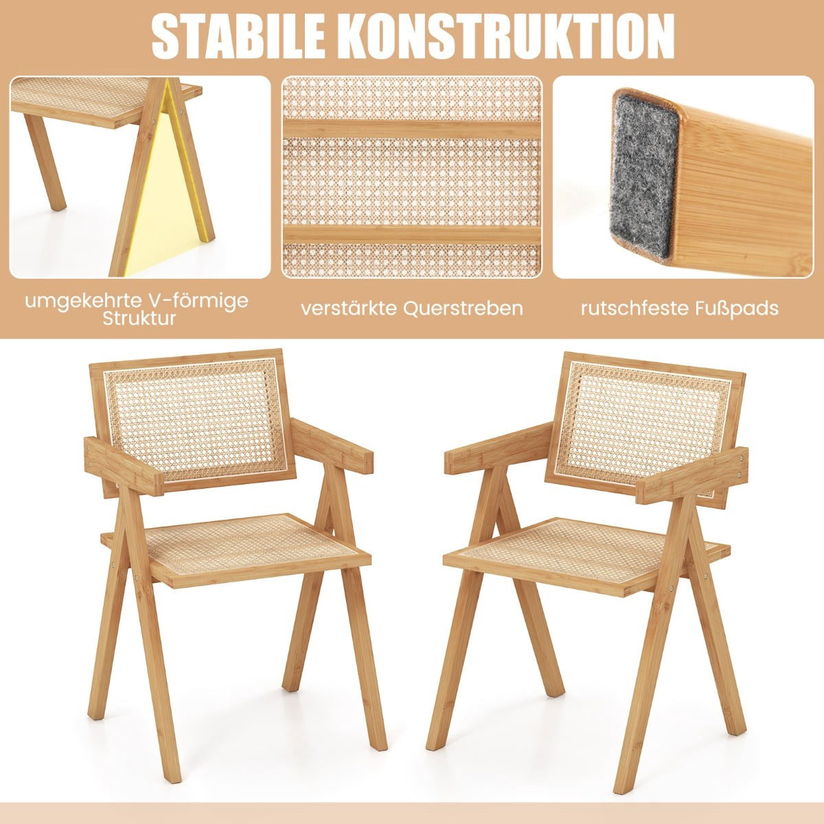 Dining Chair Set of 2, Bamboo & Rattan, 50x52x81 cm