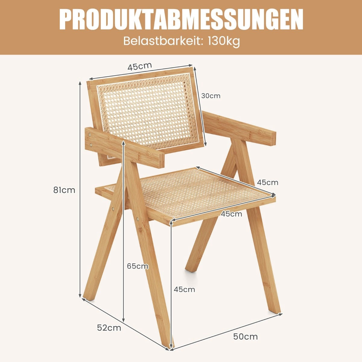 Dining Chair Set of 2, Bamboo & Rattan, 50x52x81 cm
