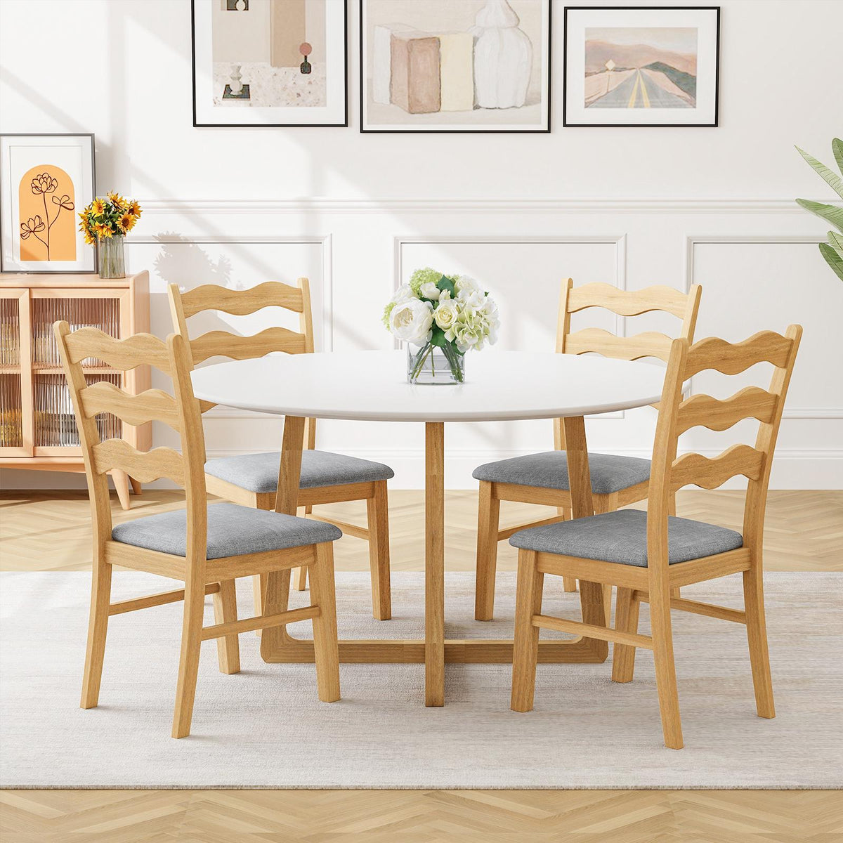 Dining Chair Set of 2, Linen Upholstered, Rubberwood Frame