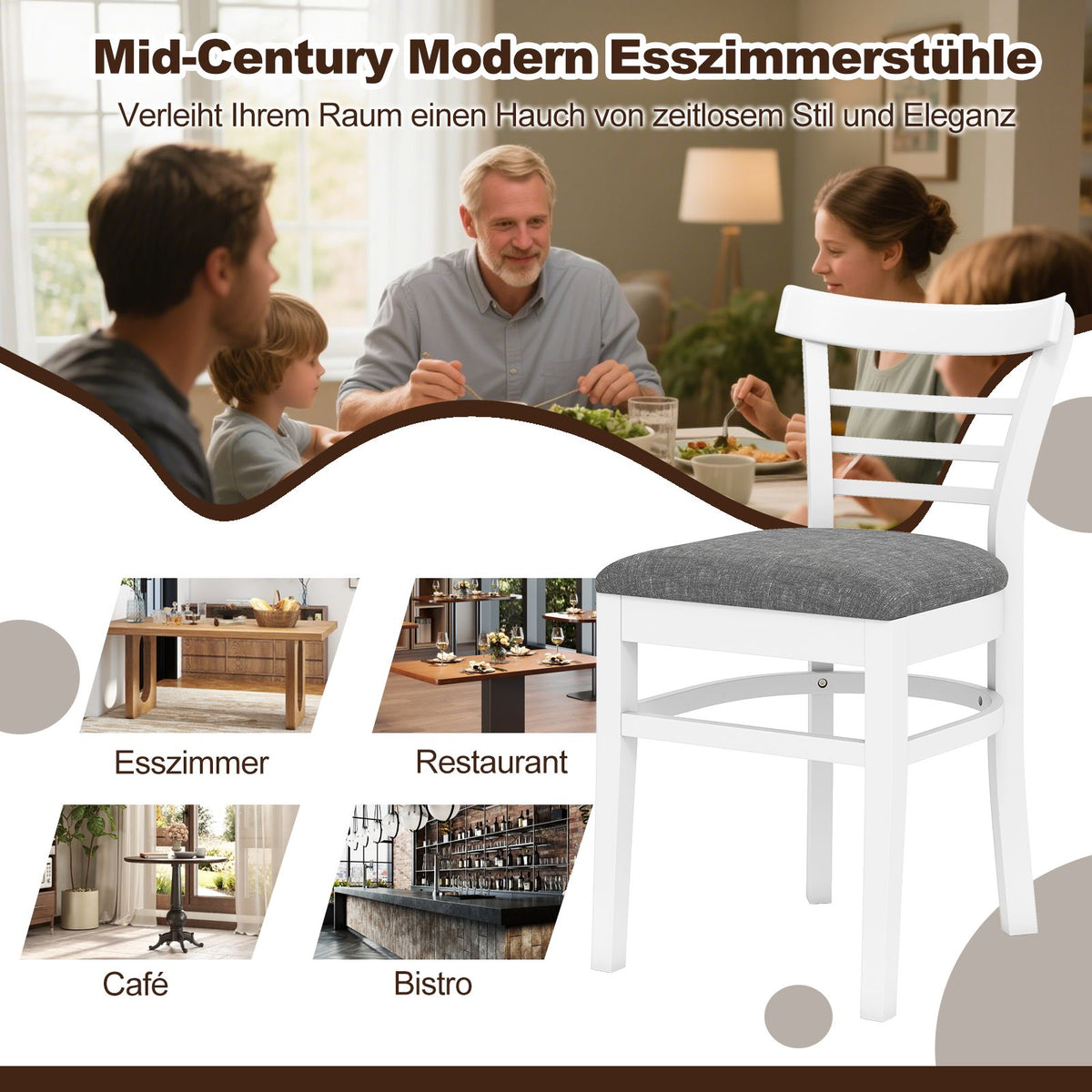 Dining Chair Set of 2, Padded Faux Leather, Rubberwood, White