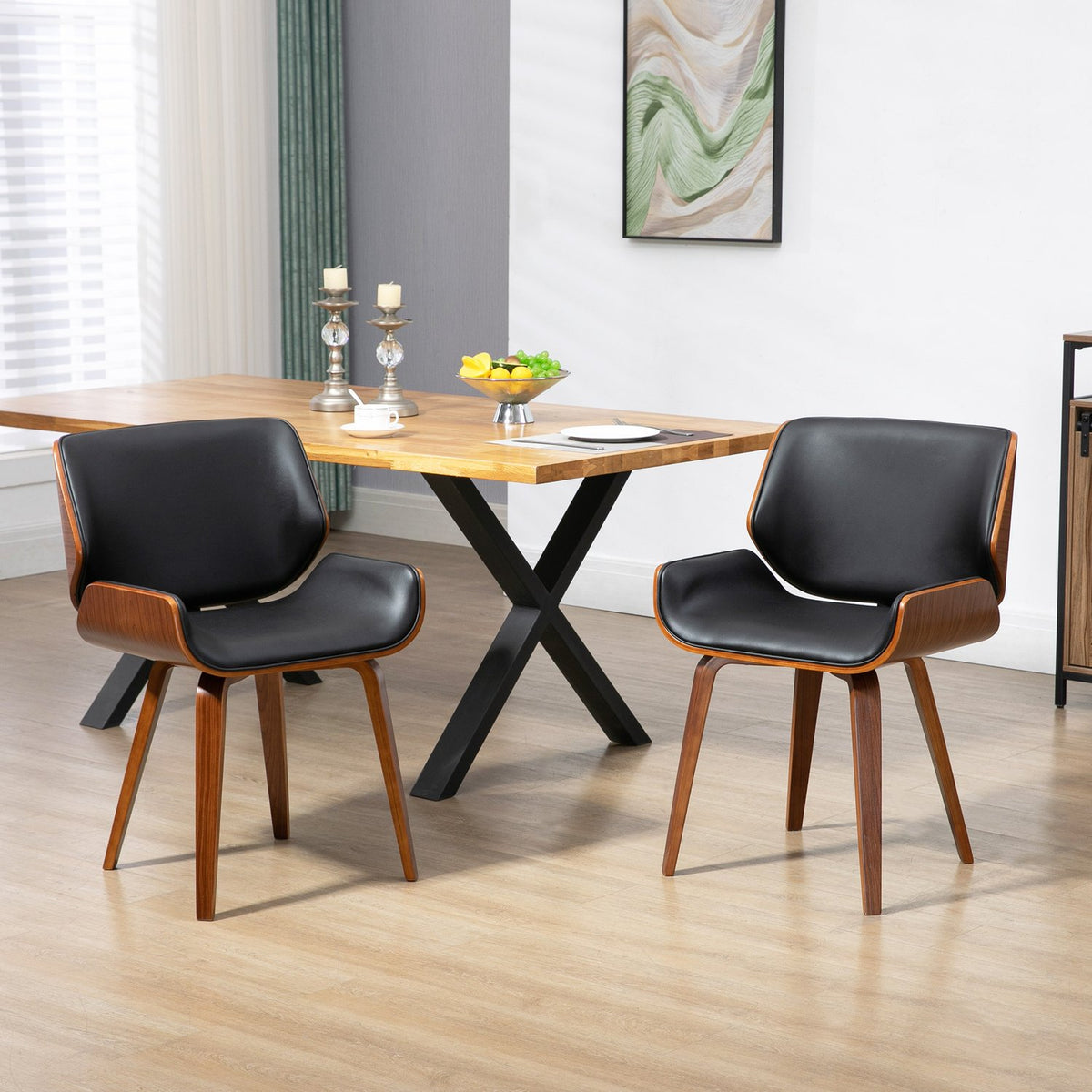 Dining Chairs Set of 2, Black Faux Leather, Wood Frame