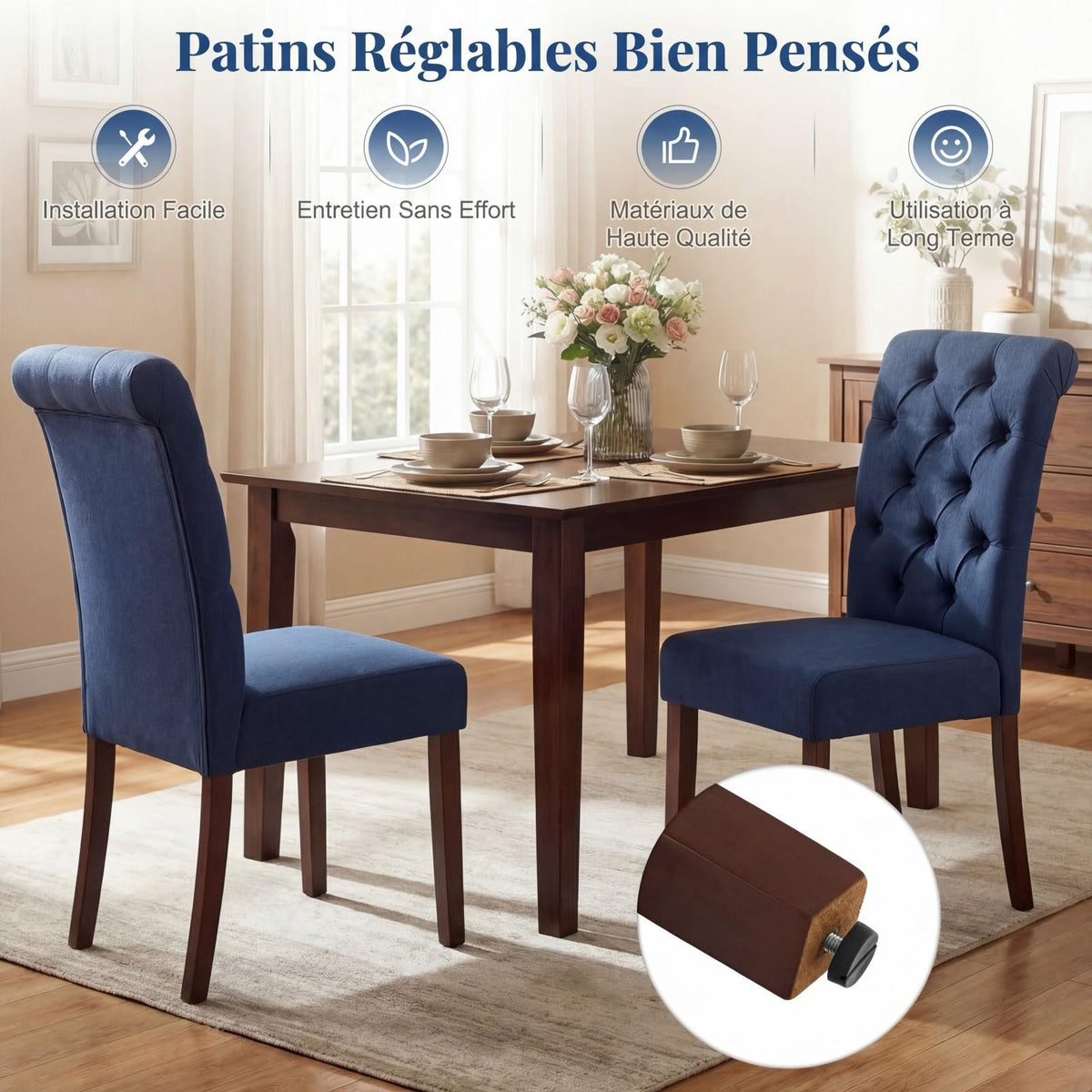 Dining Chairs Set of 2, Blue Upholstered, Wood Legs, 150kg