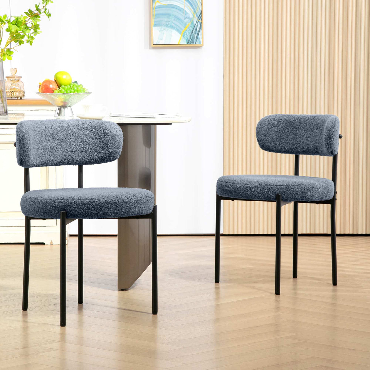 Dining Chairs Set of 2, Fleece Upholstery, Metal Legs, Gray