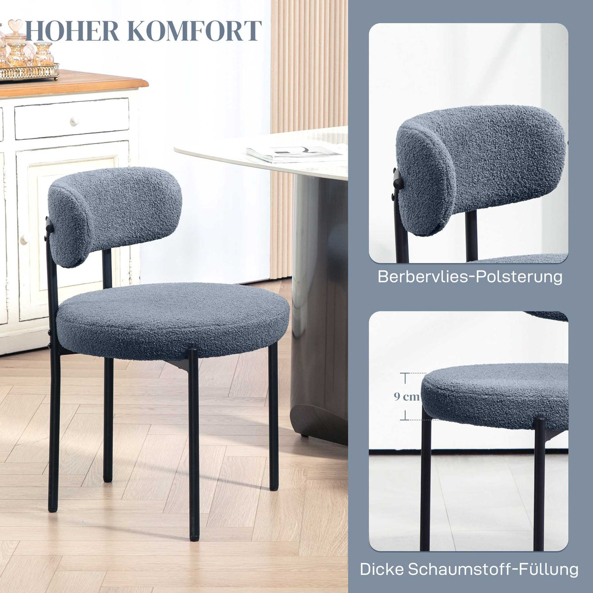 Dining Chairs Set of 2, Fleece Upholstery, Metal Legs, Gray