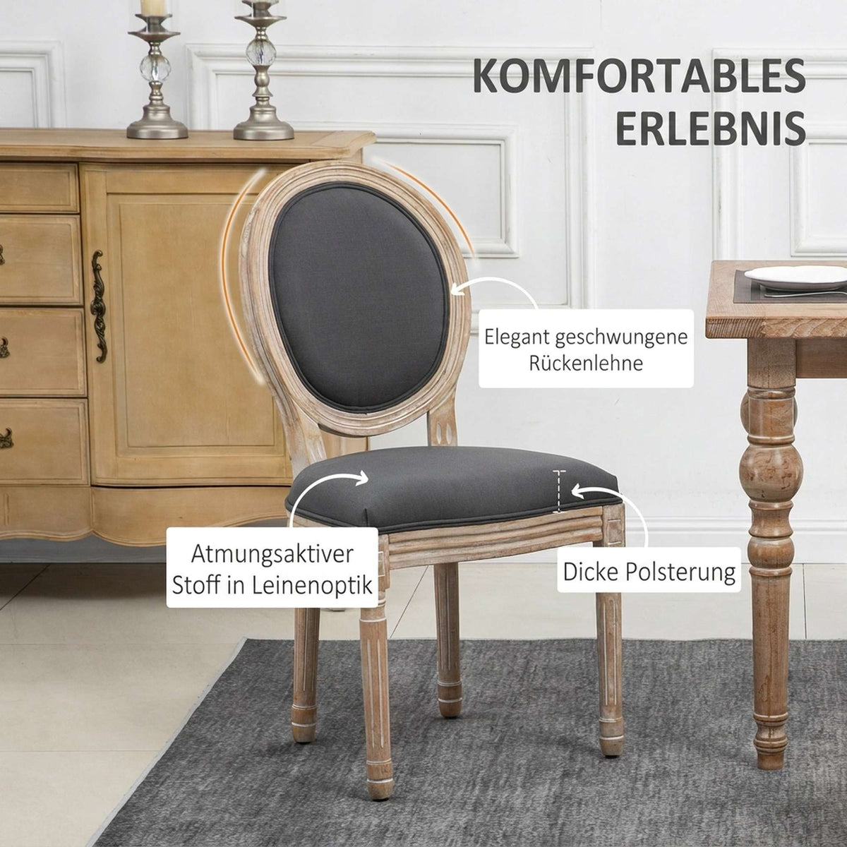 Dining Chairs Set of 2, Linen Look, Grey + Natural