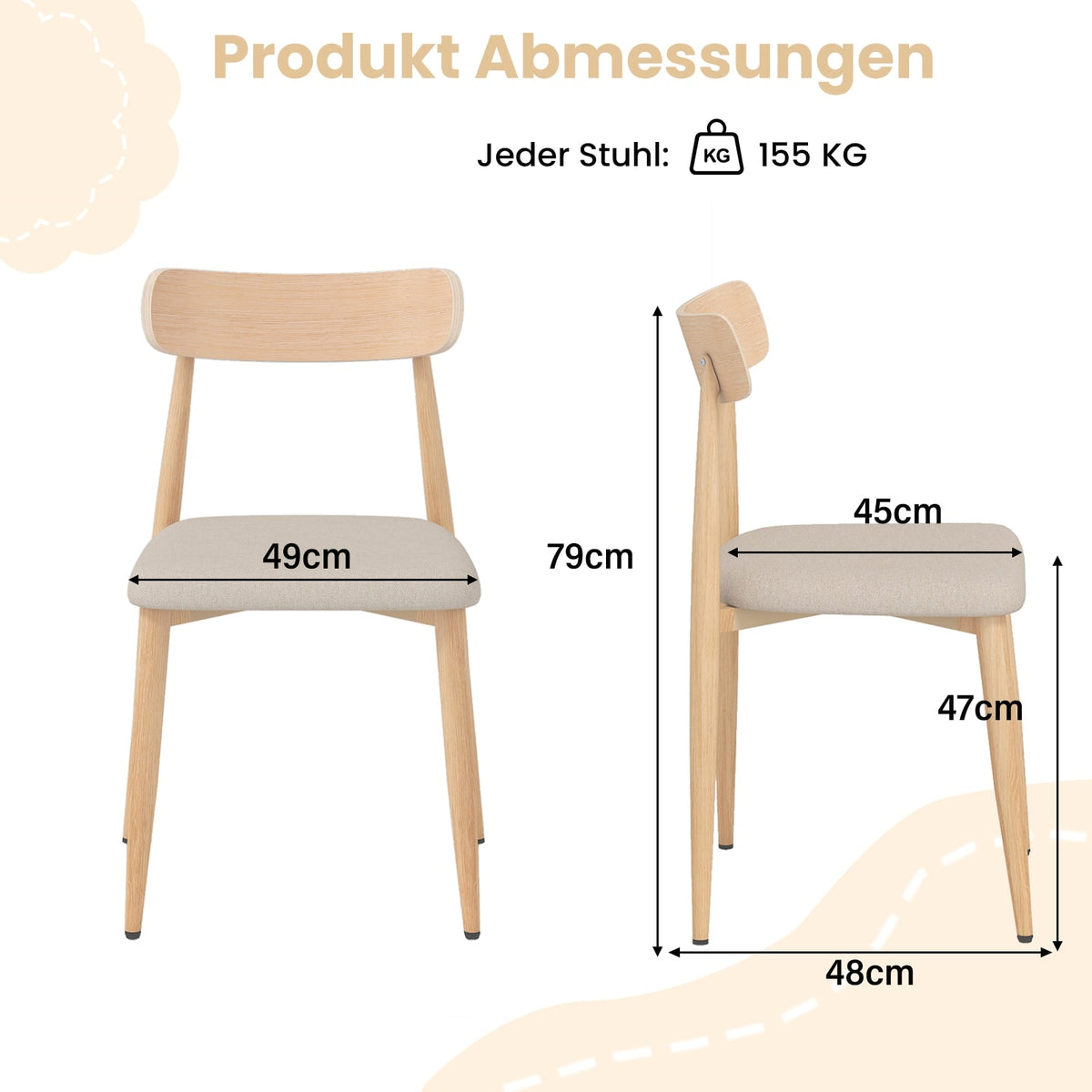 Dining Chairs Set of 2, Padded Linen, Metal Legs