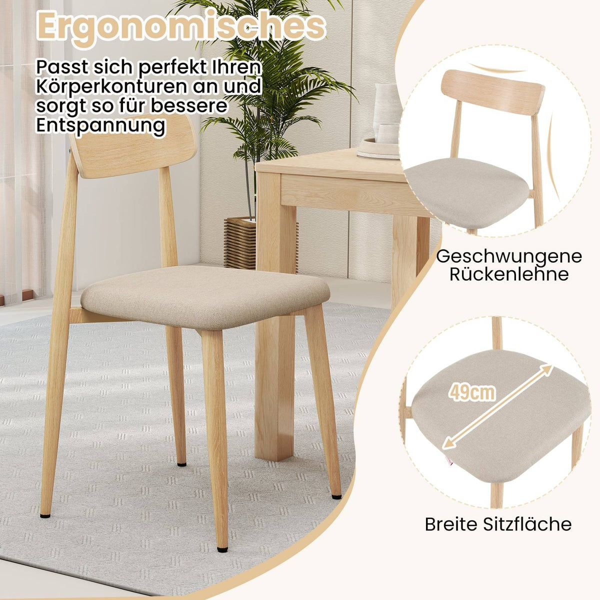 Dining Chairs Set of 2, Padded Linen, Metal Legs