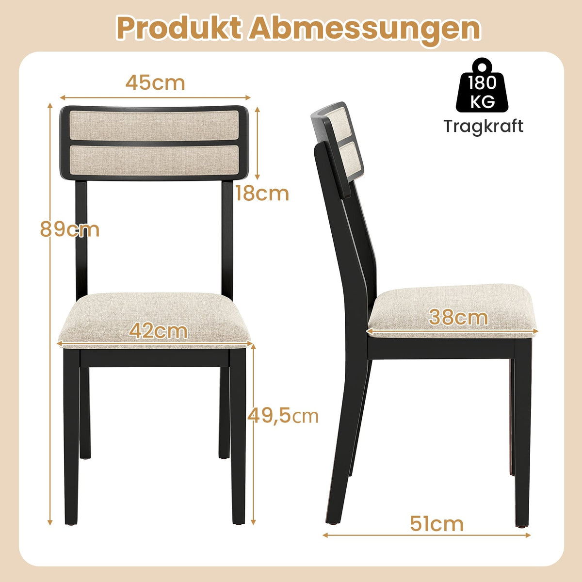 Dining Chairs Set of 2, Padded Seat, Rubberwood Legs