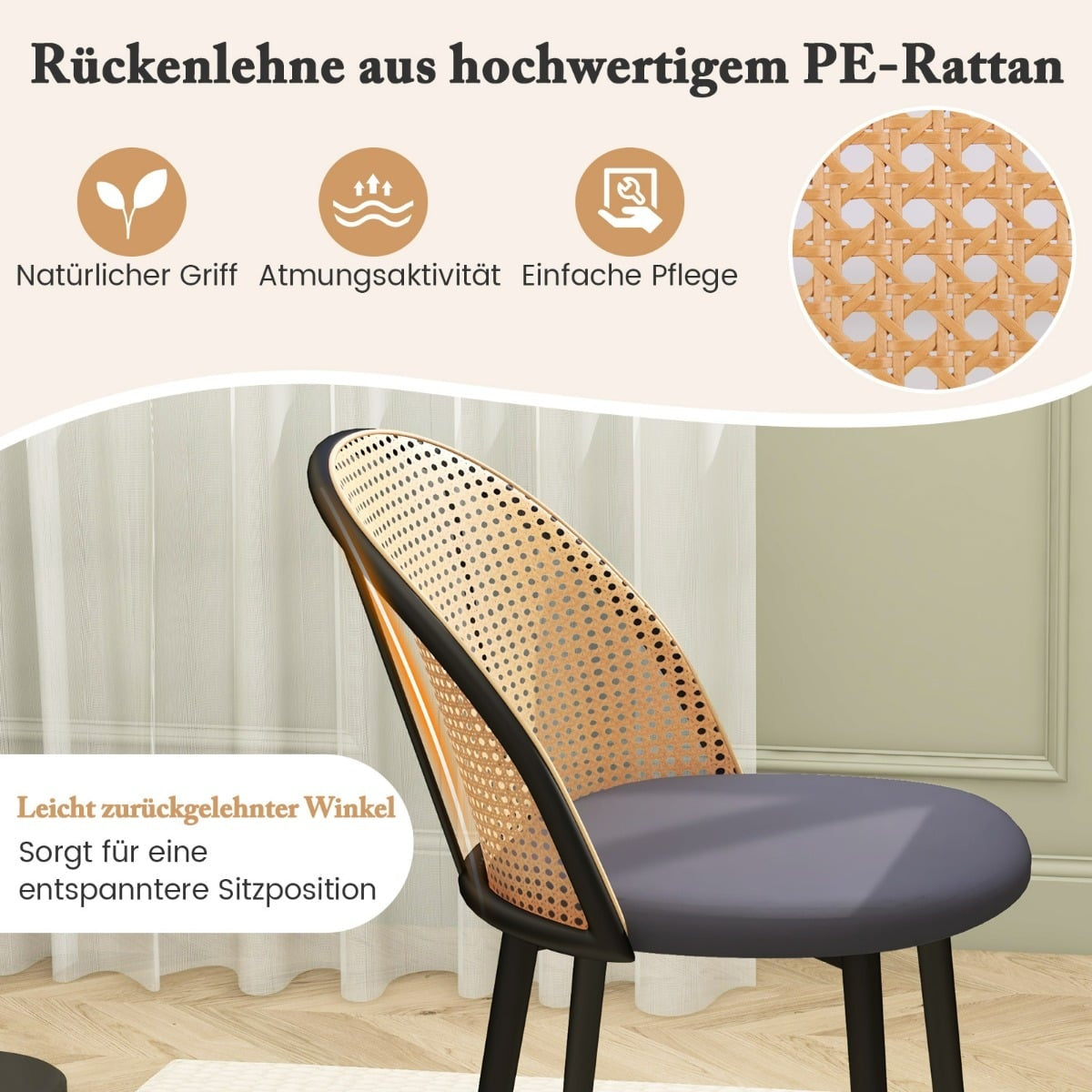 Dining Chairs Set of 2, Rattan Back, Metal Legs, Grey