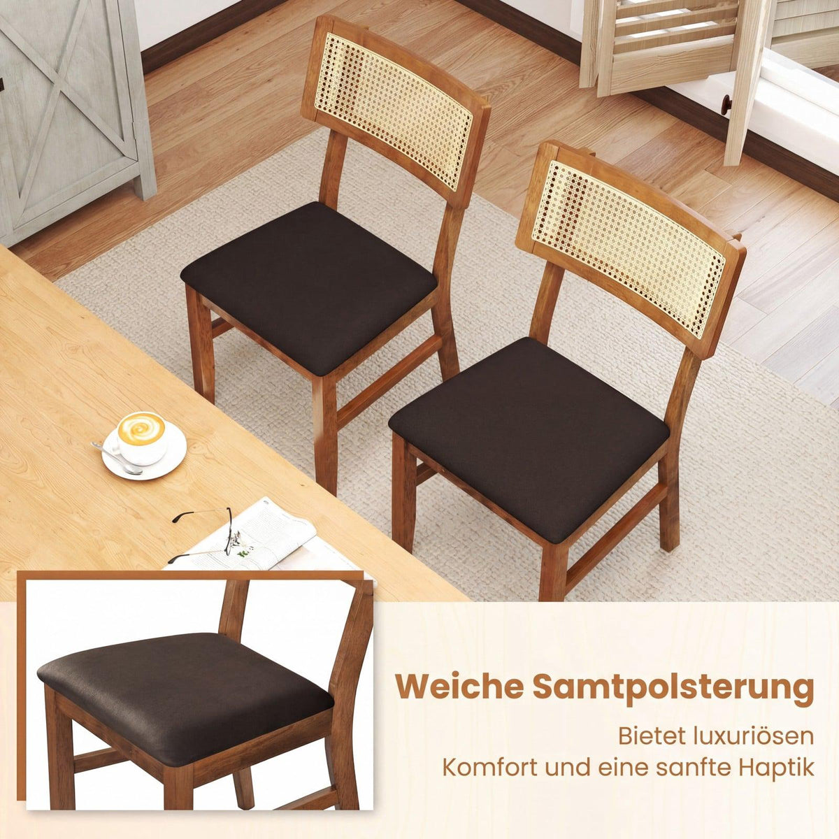 Dining Chairs Set of 2, Rattan Back, Velvet Seat, Brown