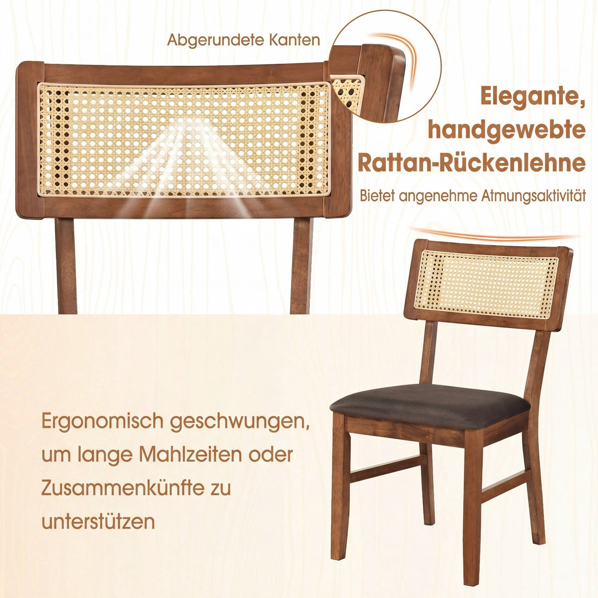 Dining Chairs Set of 2, Rattan Back, Velvet Seat, Brown