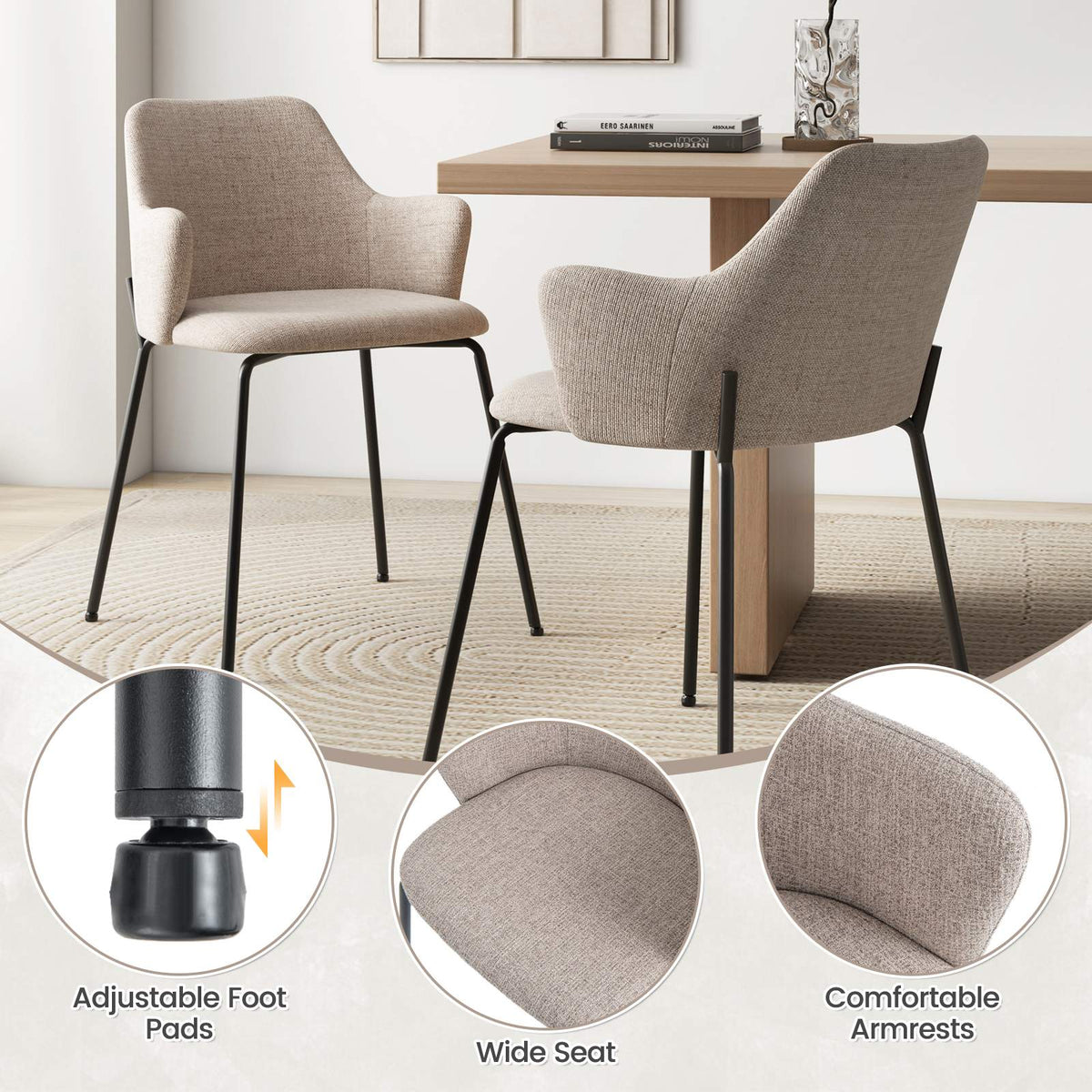 Dining Chairs Set of 2, Upholstered Armchairs, Beige