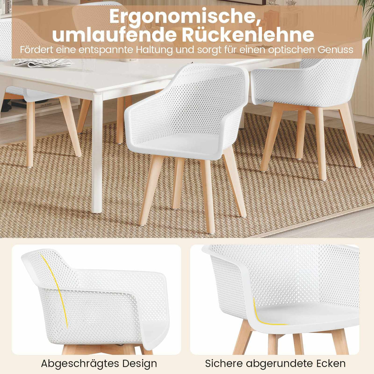 Dining Chairs Set of 2, White, Wood Legs, Ergonomic Back