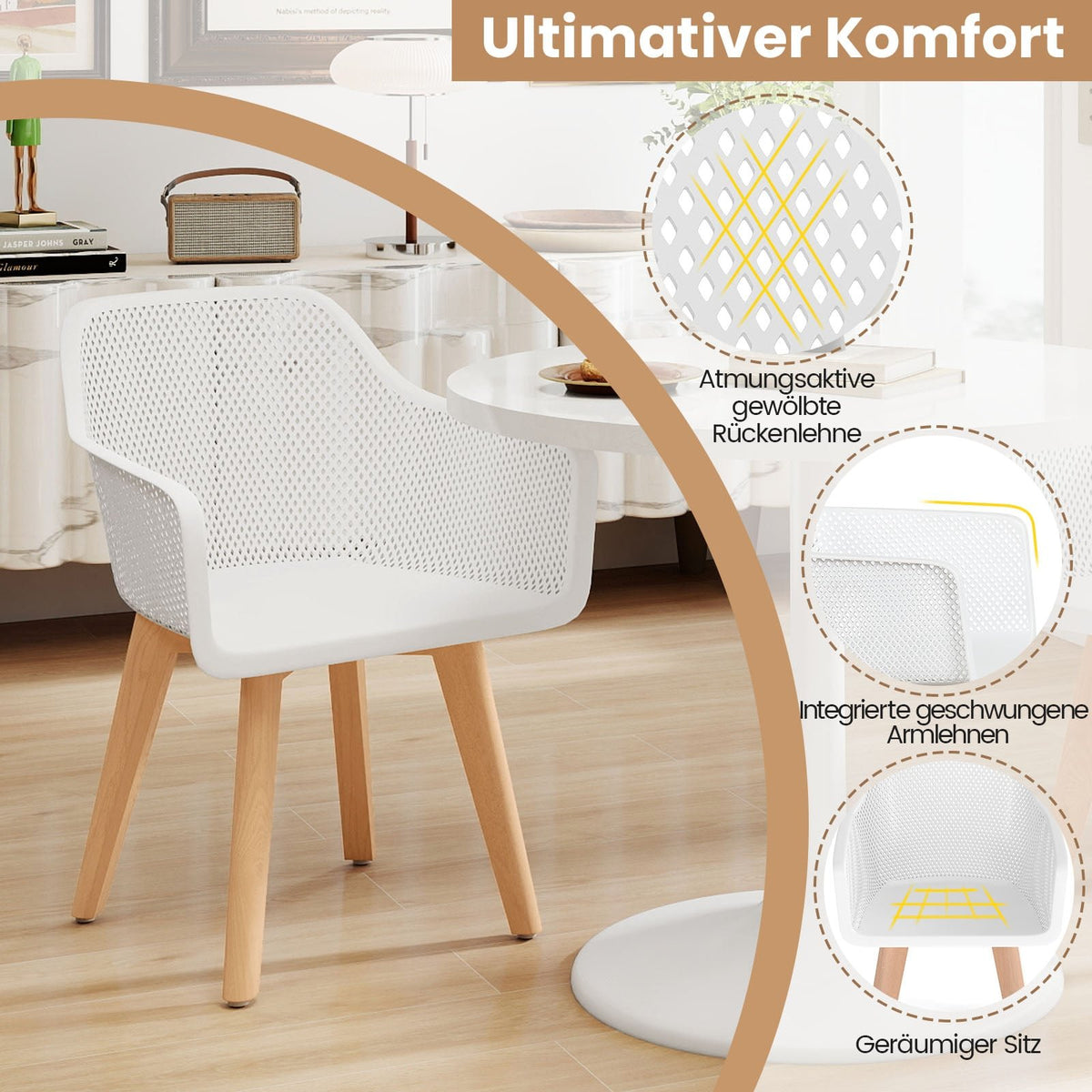 Dining Chairs Set of 2, White, Wood Legs, Ergonomic Back