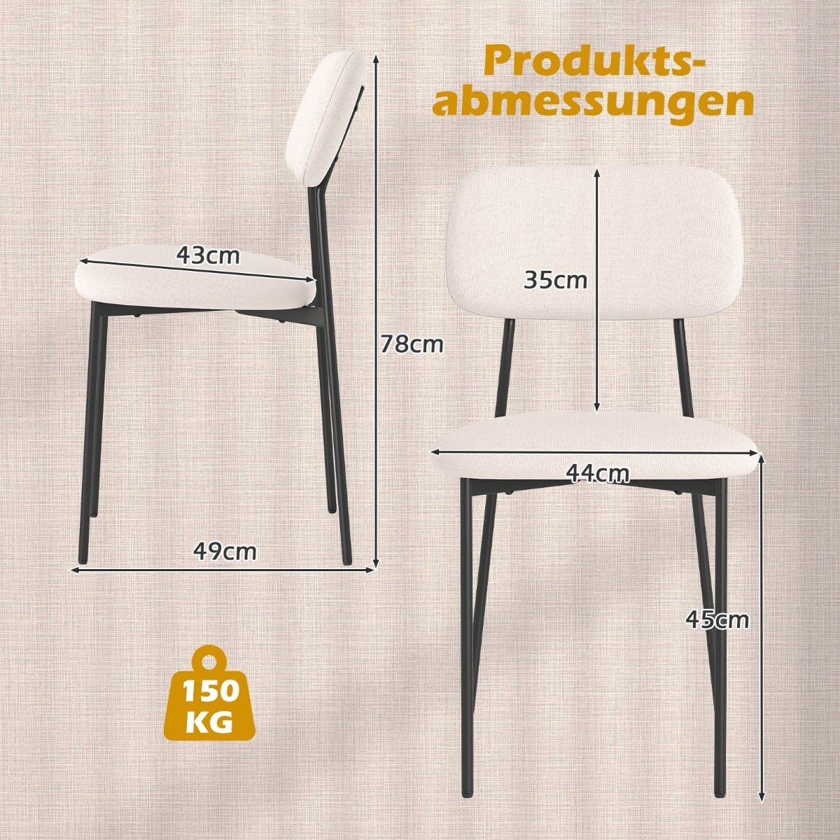 Dining Chairs Set of 4, Beige Linen, Metal Legs