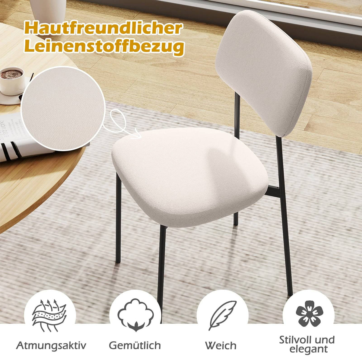 Dining Chairs Set of 4, Beige Linen, Metal Legs