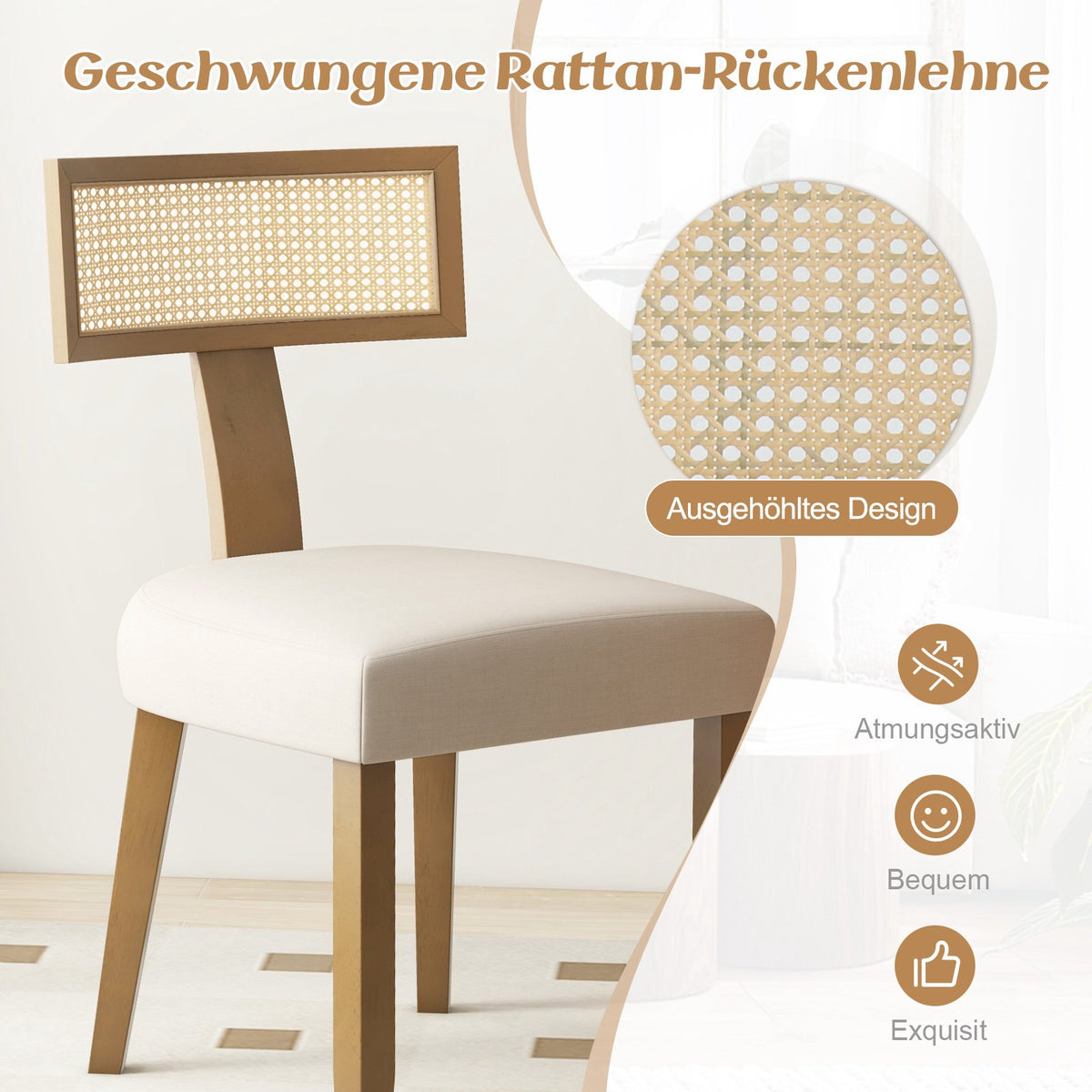 Dining Chair with Rattan Back, Padded Seat & Wood Legs
