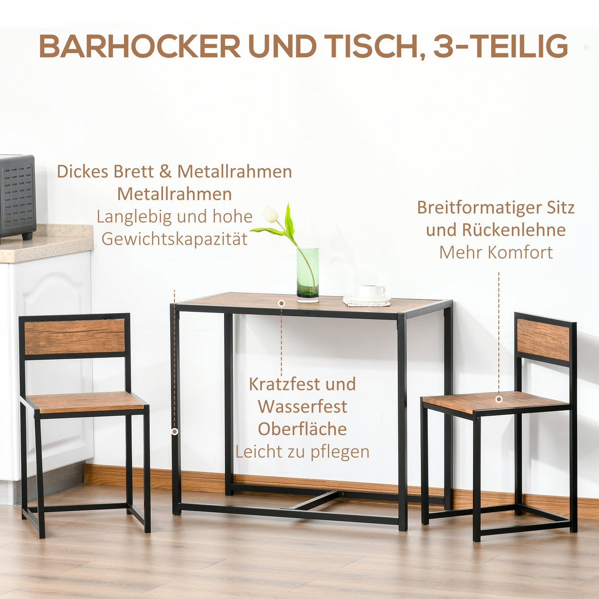 Dining Group Kitchen Table With 2 Chairs, Dining Table Set, Dining Room Group, Metal, Natural