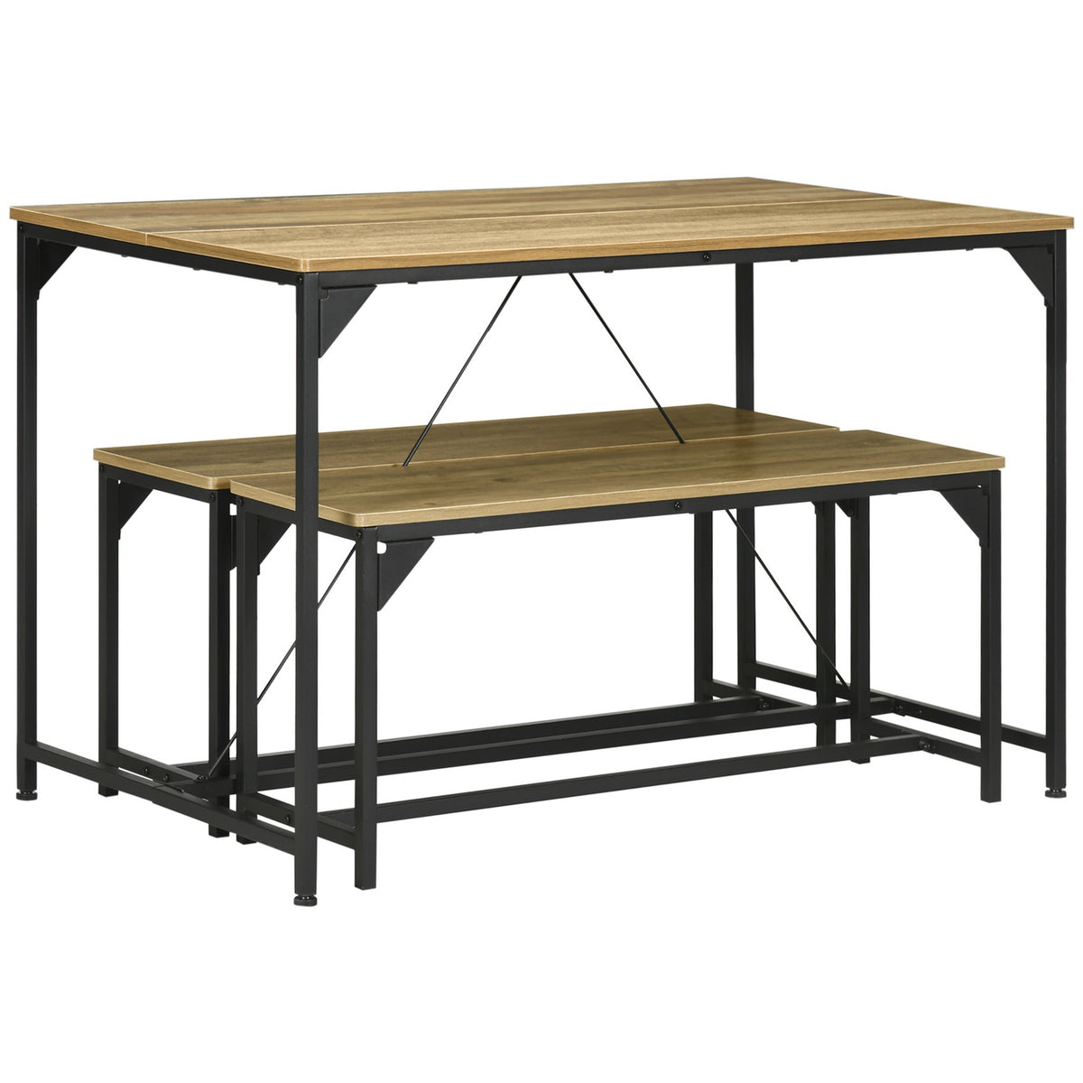 Dining Group Set Of 3 Dining Tables With 2 Benches For 4 People, Natural, Ideal For Kitchen And Living Room