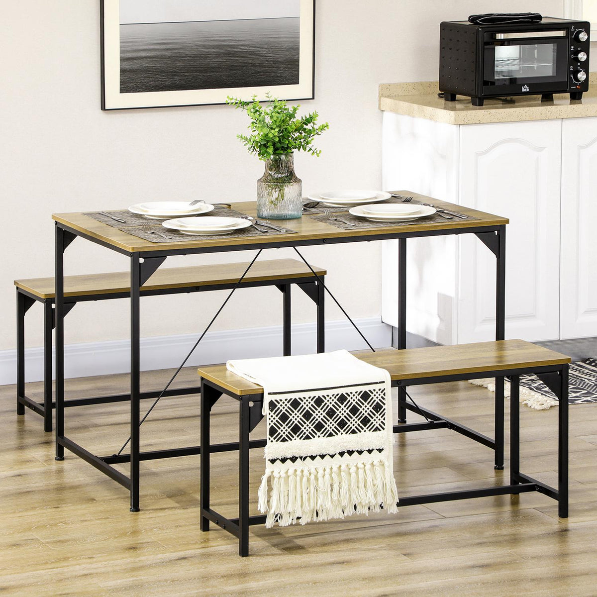 Dining Group Set Of 3 Dining Tables With 2 Benches For 4 People, Natural, Ideal For Kitchen And Living Room