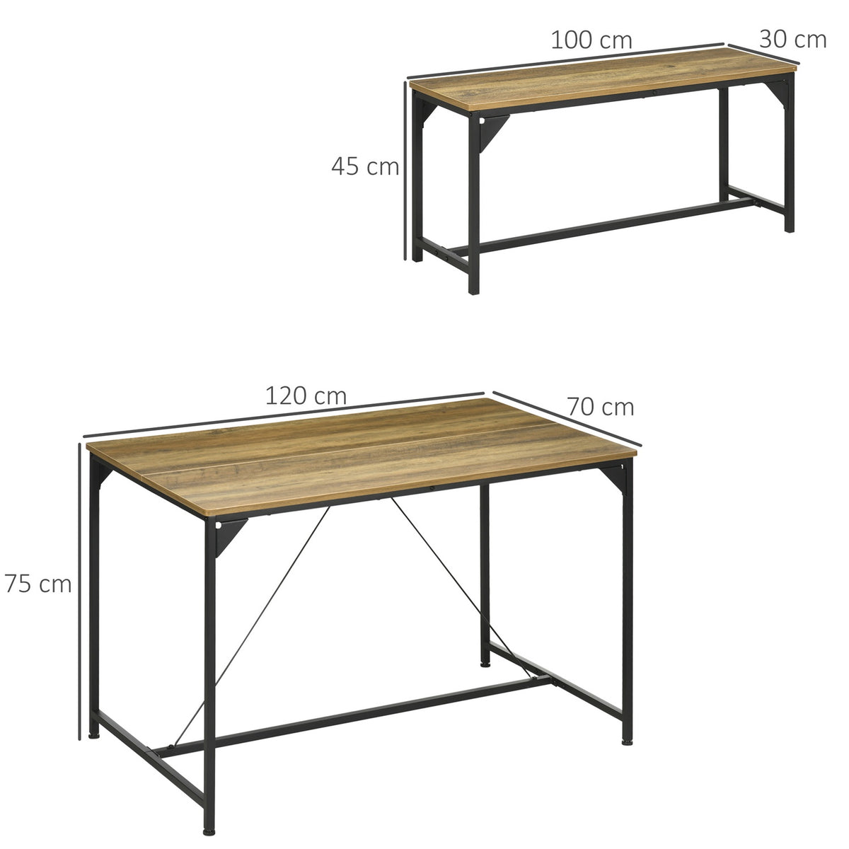 Dining Group Set Of 3 Dining Tables With 2 Benches For 4 People, Natural, Ideal For Kitchen And Living Room