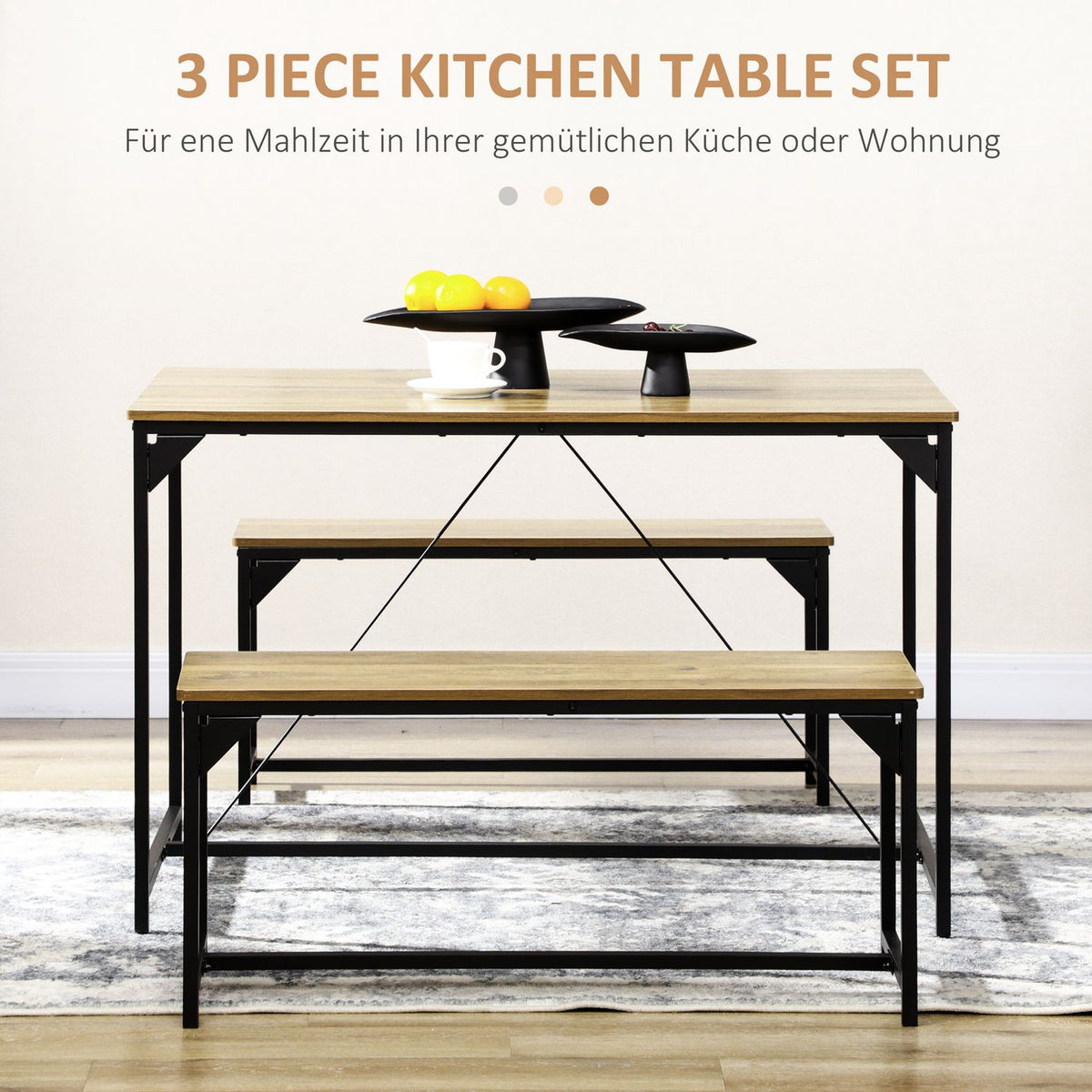 Dining Group Set Of 3 Dining Tables With 2 Benches For 4 People, Natural, Ideal For Kitchen And Living Room