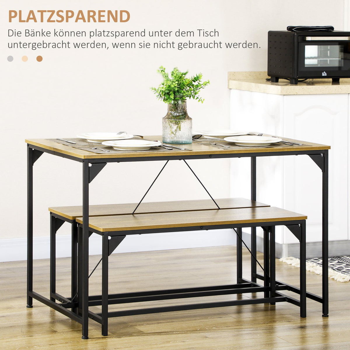 Dining Group Set Of 3 Dining Tables With 2 Benches For 4 People, Natural, Ideal For Kitchen And Living Room