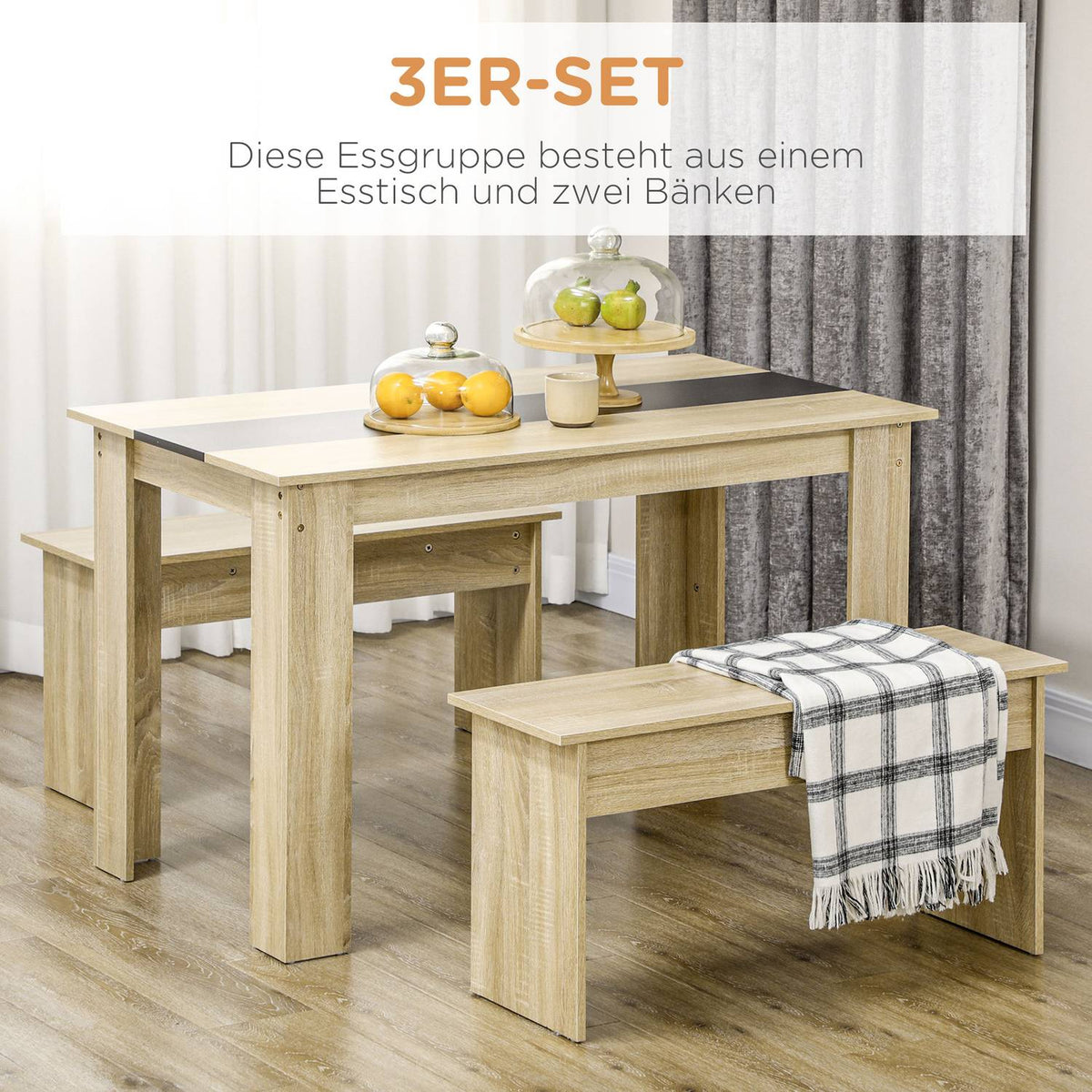 Dining Group Set Of 3 Dining Tables With 2 Benches, Kitchen Table Set For 4 People, Space-Saving, Oak + Black