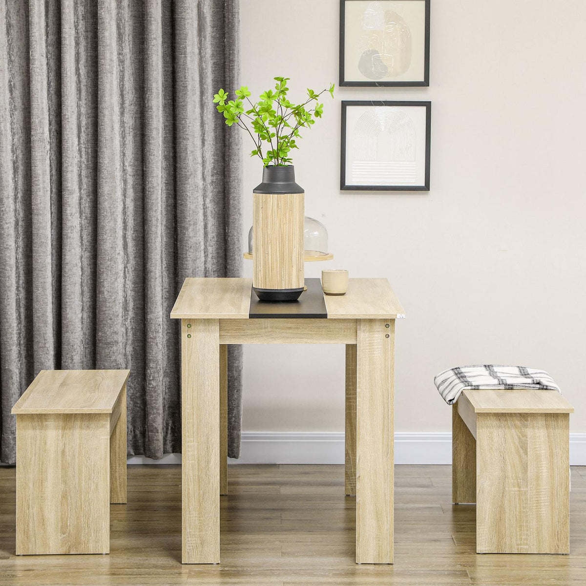Dining Group Set Of 3 Dining Tables With 2 Benches, Kitchen Table Set For 4 People, Space-Saving, Oak + Black