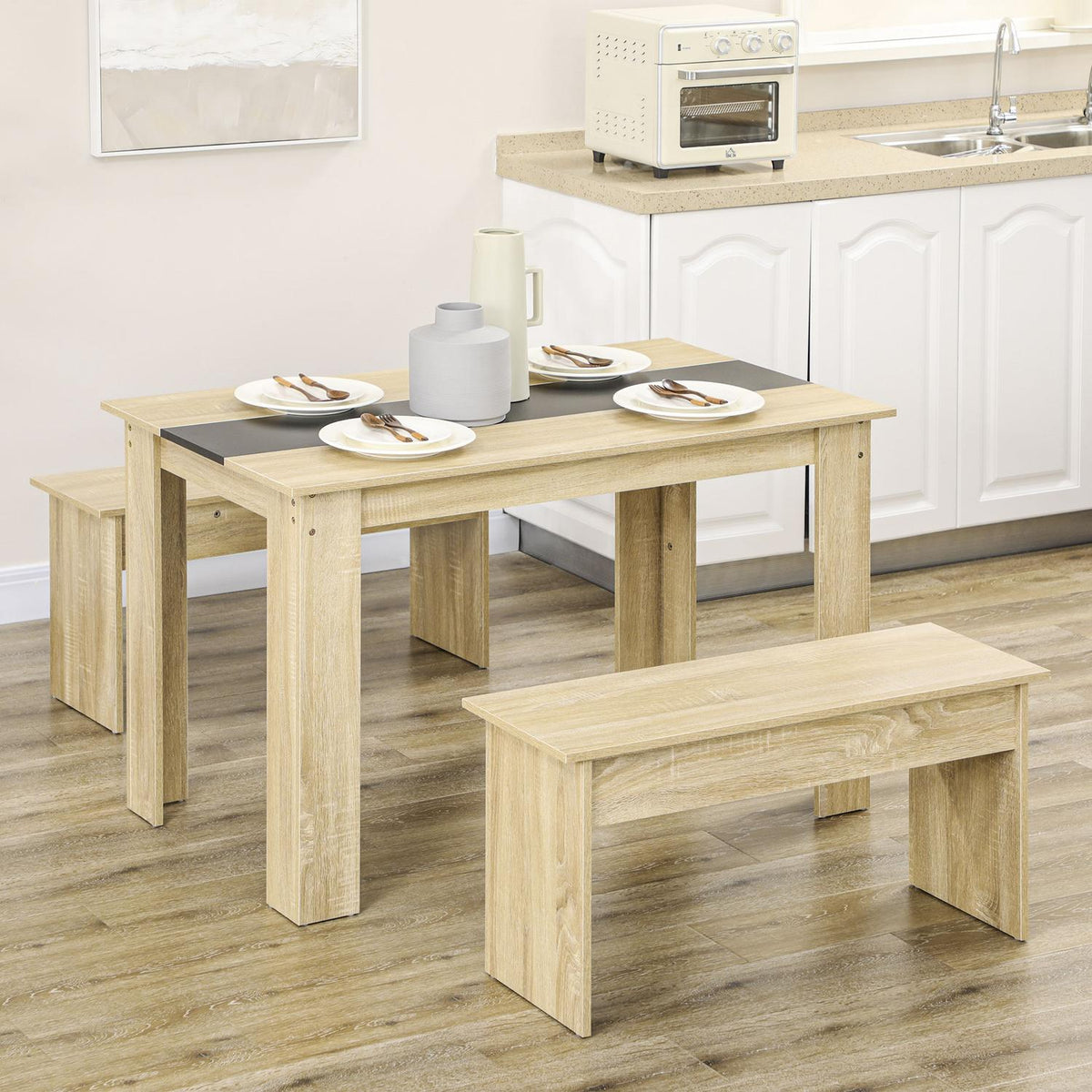 Dining Group Set Of 3 Dining Tables With 2 Benches, Kitchen Table Set For 4 People, Space-Saving, Oak + Black