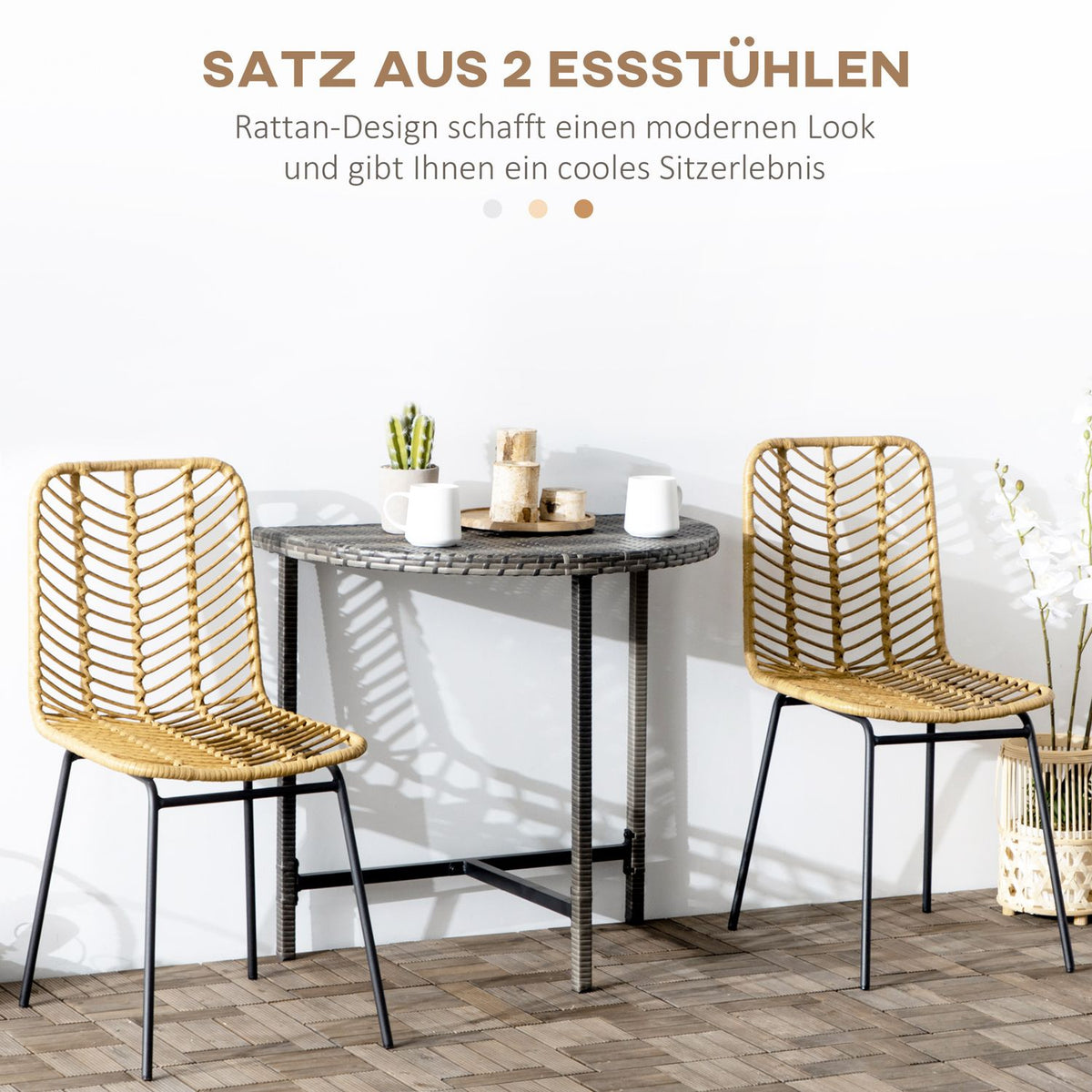 Dining Room Chair Set Of 2 Kitchen Chairs With Backrest In Rattan Look, Steel, Yellow, 44X58X85Cm For Dining Room And Living Room