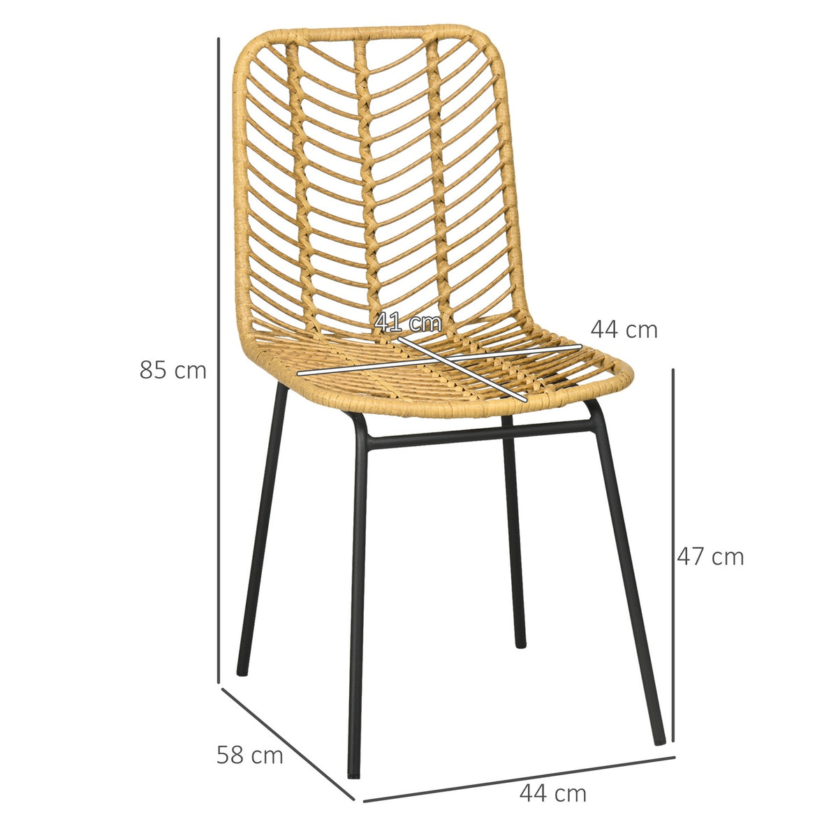 Dining Room Chair Set Of 2 Kitchen Chairs With Backrest In Rattan Look, Steel, Yellow, 44X58X85Cm For Dining Room And Living Room