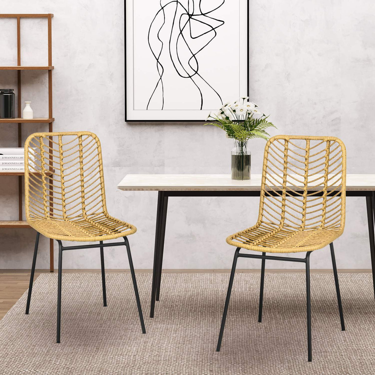Dining Room Chair Set Of 2 Kitchen Chairs With Backrest In Rattan Look, Steel, Yellow, 44X58X85Cm For Dining Room And Living Room