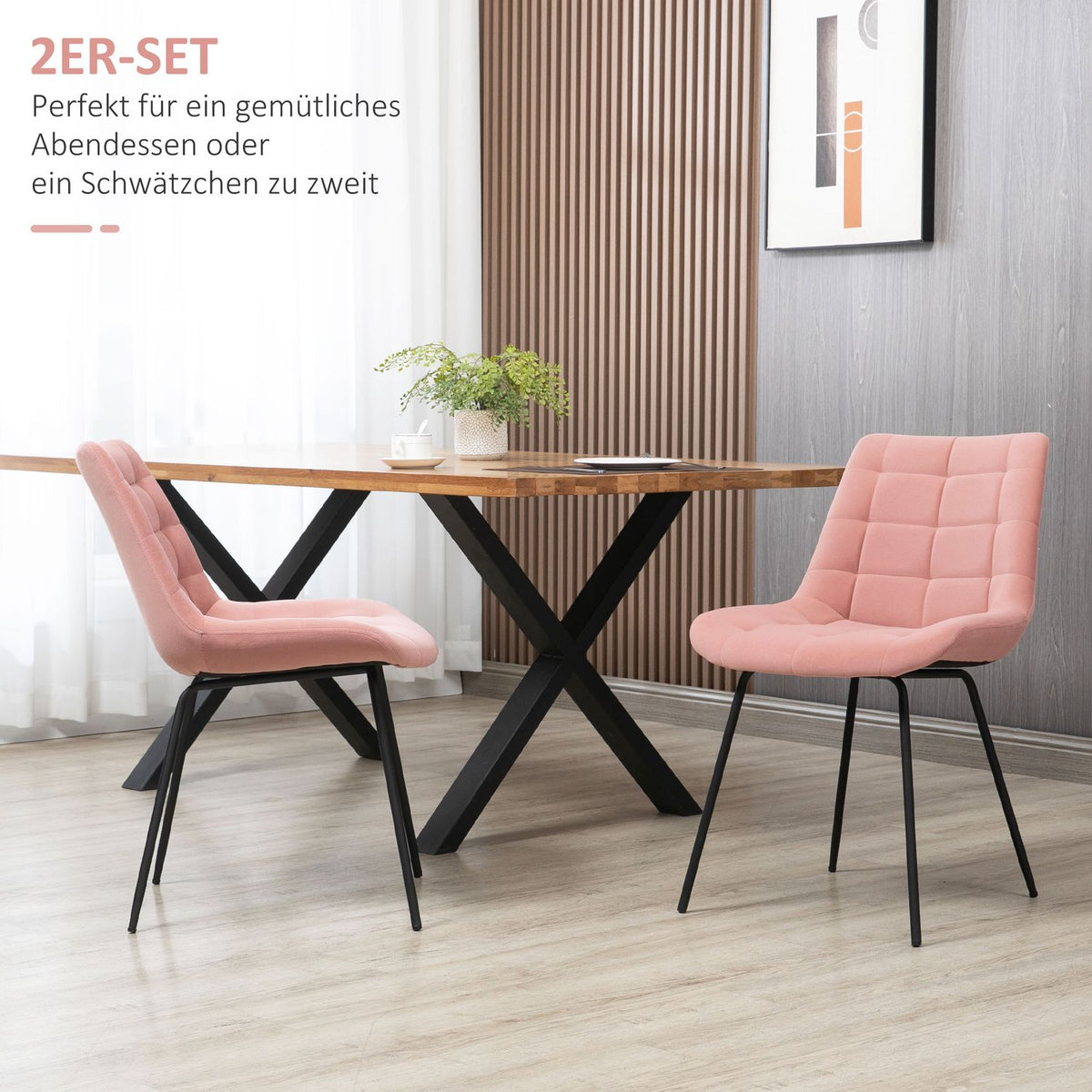 Dining Room Chair Set Of 2 Kitchen Chairs With Backrest, Velvet Cover In Pink, Retro Design, Steel Legs, For Living Room