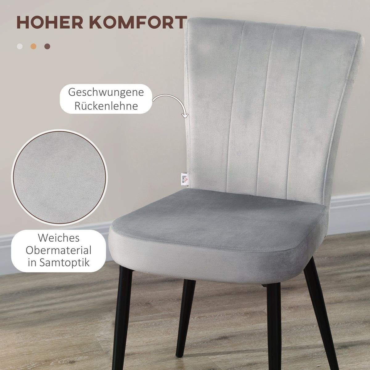 Dining Room Chair Set Of 4 Kitchen Chairs With Backrest, Velvet Look Upholstery, Steel Frame, Gray, 46X65X87Cm